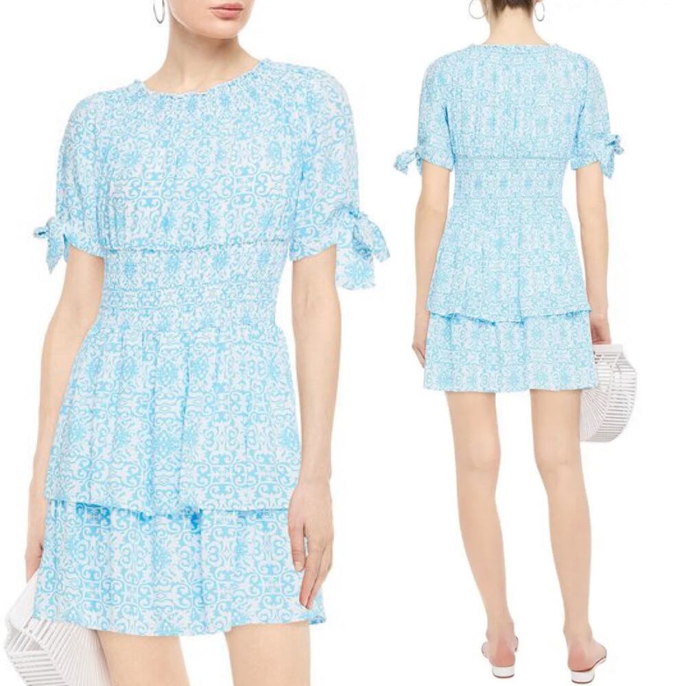 Melissa Odabash Camilla Tiered Shirred Printed Voile Mini Dress Light Blue XS
